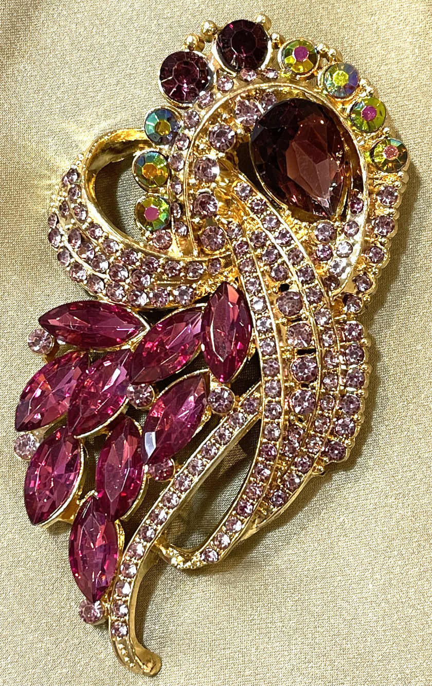 NWOT Purple Rhinestone AB Glass Flower Floral Brooch Lapel Pin Gold Toned